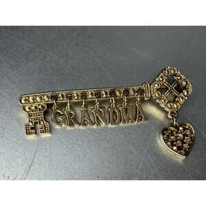 VTG Gold Tone Dangle Grandma Letters Key to My Heart Brooch Pin